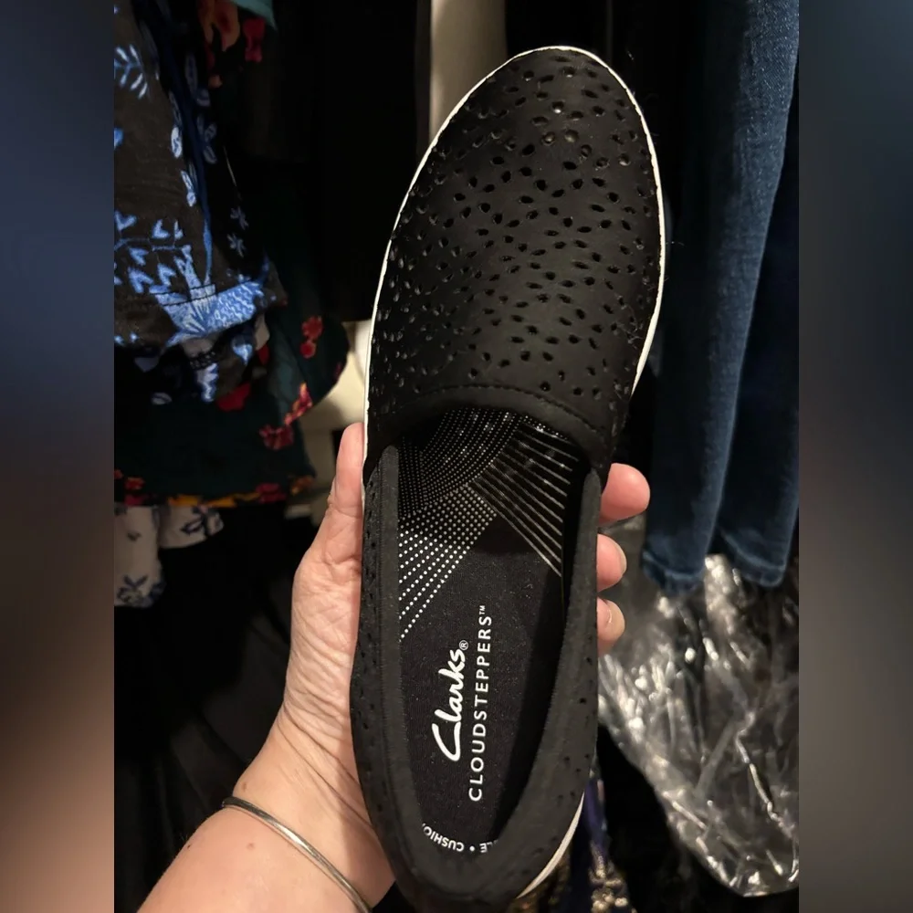 Clarks Black Perforated Slip-On Flats with White Sole